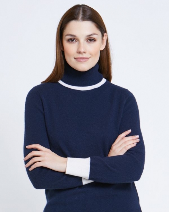 Paul Costelloe Living Studio Navy Colourblock Polo Neck Jumper Paul Costelloe Living Studio Navy Colourblock Polo Neck Jumper