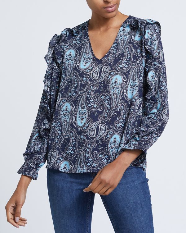 V-Neck Ruffle Paisley Blouse