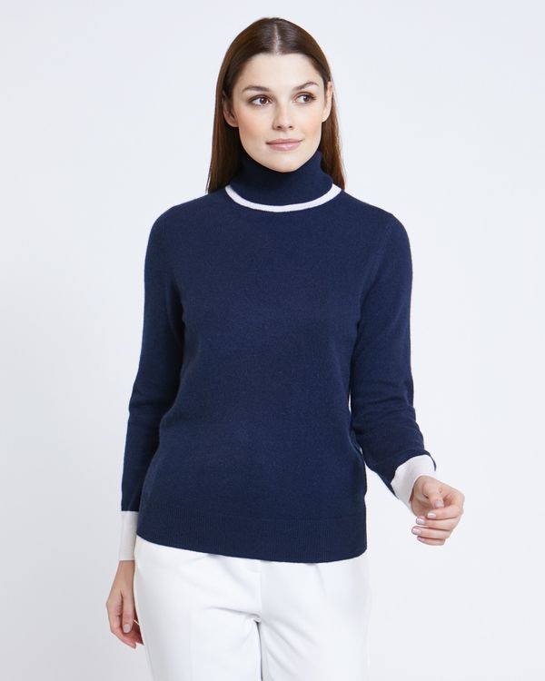 Paul Costelloe Living Studio Navy Colourblock Polo Neck Jumper